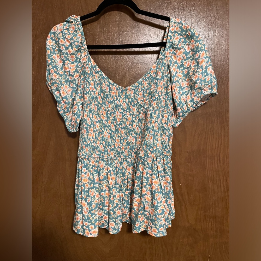 BOGO NWOT Maurices Smock Babydoll Top Teal/Green/Yellow/Orange Floral Print XXL
